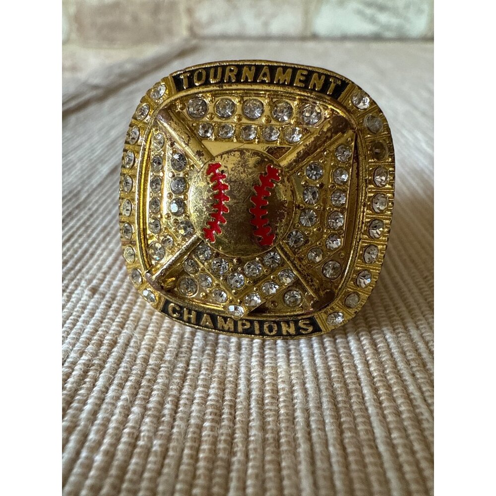 Championship Baseball Ring Gold Tone With Rhinestones & American Flag